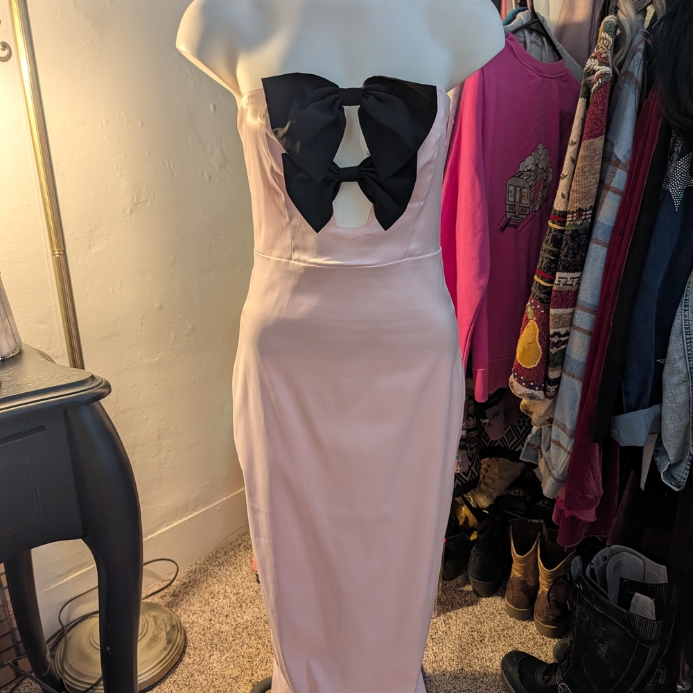 AKIRA Blush Backless Dress with Bold Black Bow